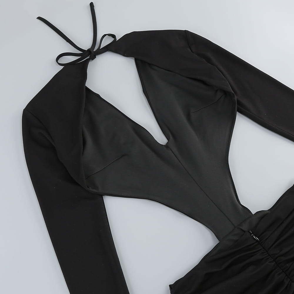 black satin backless long sleeves gown with a deep v-neck and halter-neck design featuring a long sleeves skirt waist silhouette