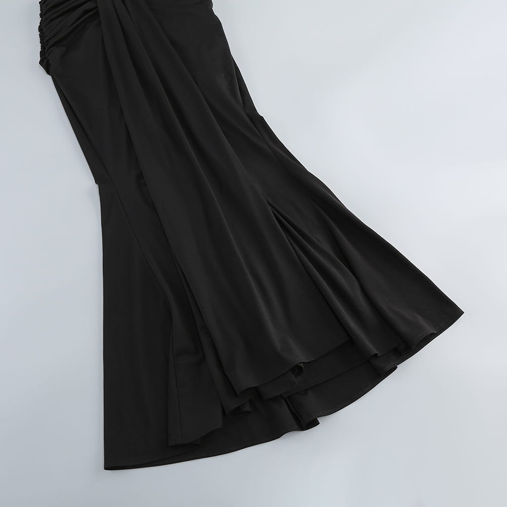a sleek black satin long sleeves skirt waist gown featuring a ruched waist and flowing asymmetrical hemline with backless long sleeves design