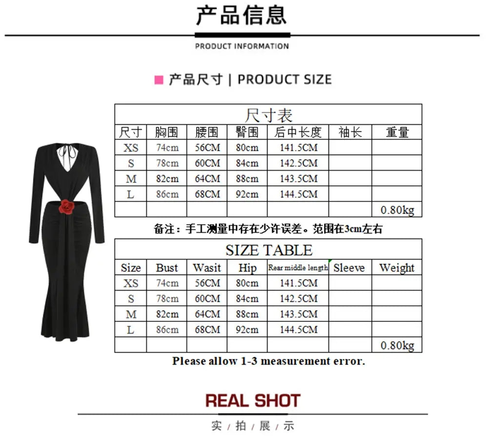 black v-neck backless long sleeves gown featuring a mermaid-style long sleeves skirt with a red rose accent at the waist