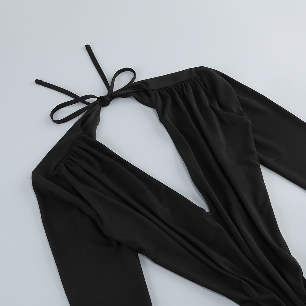 black backless long sleeves halter dress with tied neckband and gathered waistline featuring a long sleeves skirt waist design