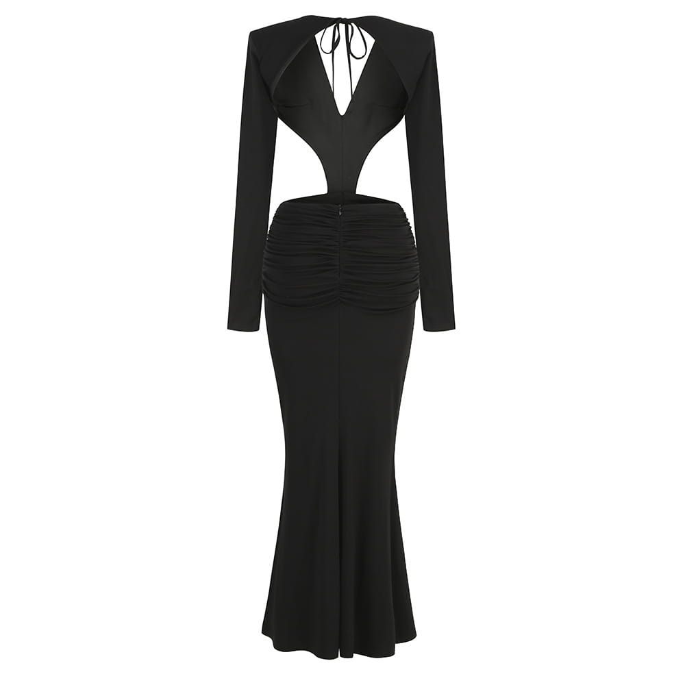 black backless long sleeves mermaid dress featuring a back tie detail and ruched waist on a long sleeves skirt waist gown.
