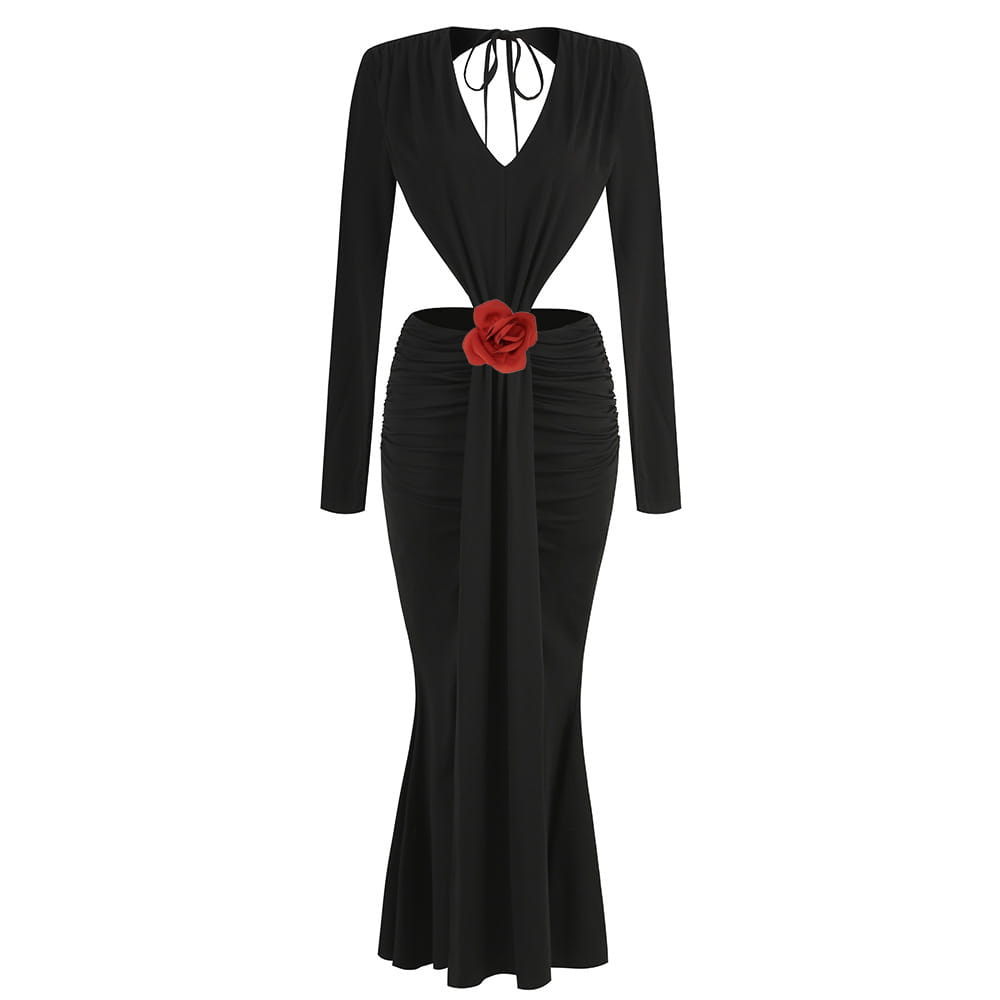 black v neck backless long sleeves skirt waist gown with deep v neckline tied at the back and red fabric rose accent at the waist