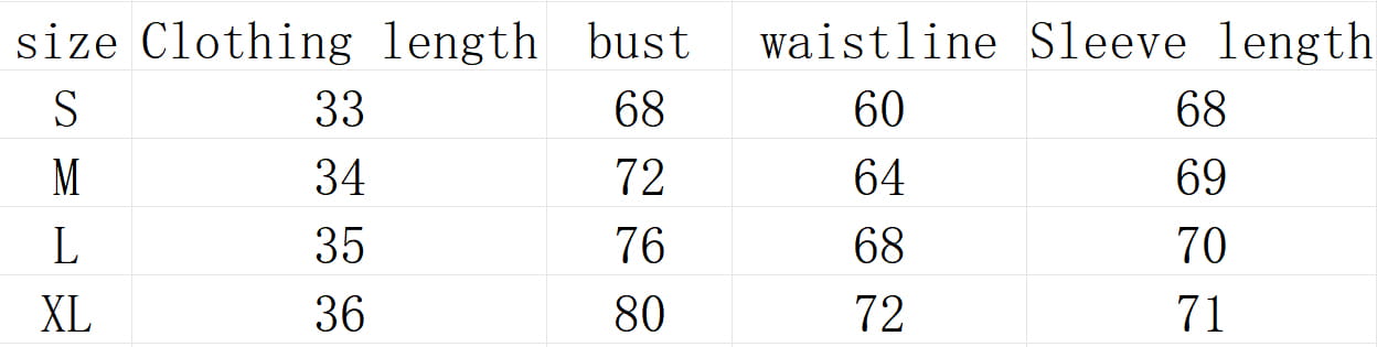 Size chart in inches for the white ribbed long sleeve yoga set with chest pad slim fit available in sizes S through XL.