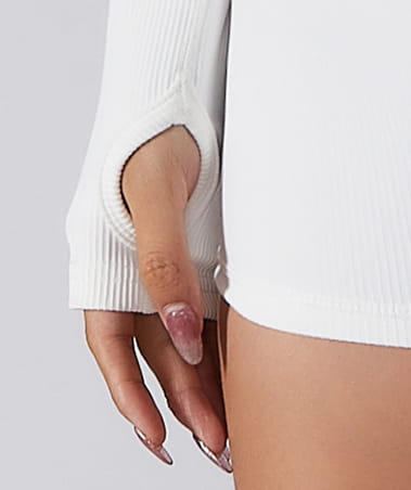 white ribbed long sleeve top with fingerless cutouts featuring chest pad slim fit design for yoga and activewear
