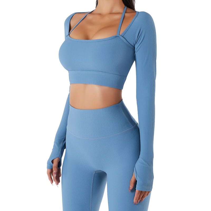 a matching blue ribbed long sleeve crop top and high-waisted leggings set featuring a chest pad slim fit design suitable for yoga and active wear