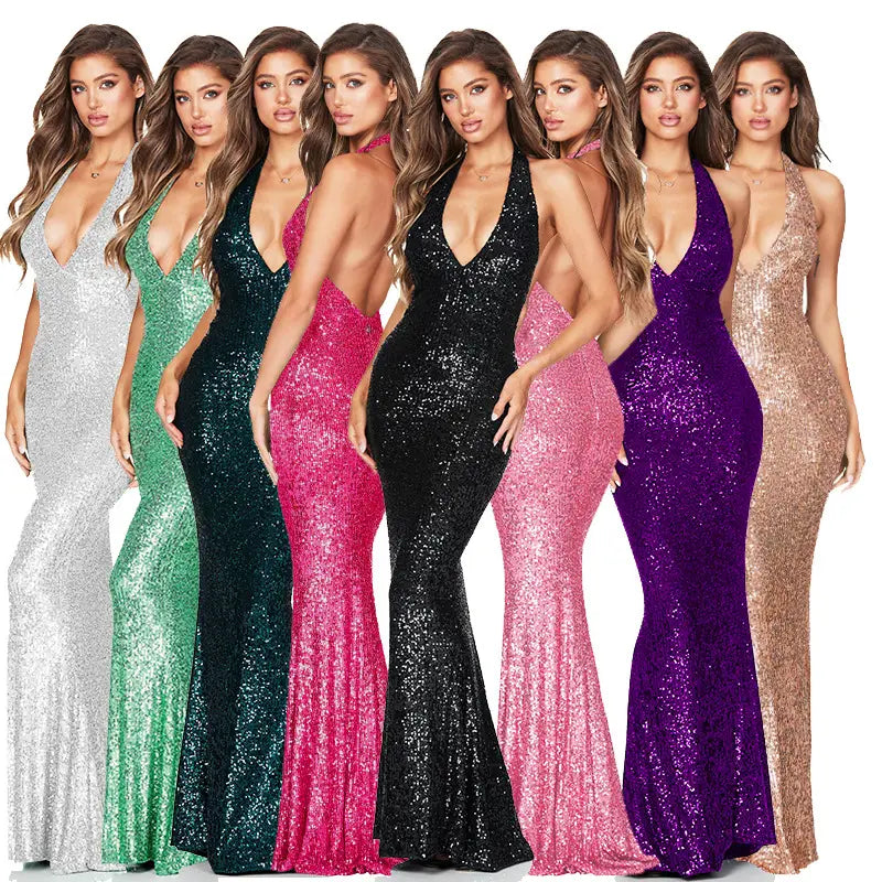 a shimmering sequined deep v halter backless dress in black and vibrant colors including silver green pink and purple suitable for american skirt summer styles