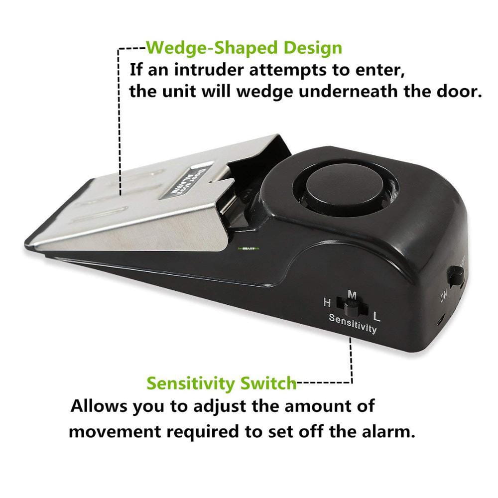 Black and silver wedge-shaped electronic burglar alarm with sensitivity switch for adjustable alert settings in a 120dB burglar alarm intelligent door stop