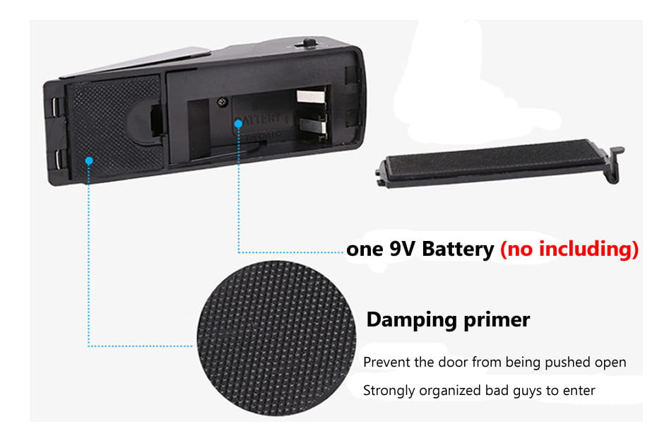 Black plastic car door reinforcement panel with textured damping primer surface shown on the back side of the 120dB electronic burglar alarm wedge door stop for burglar alarm intelligent security use.