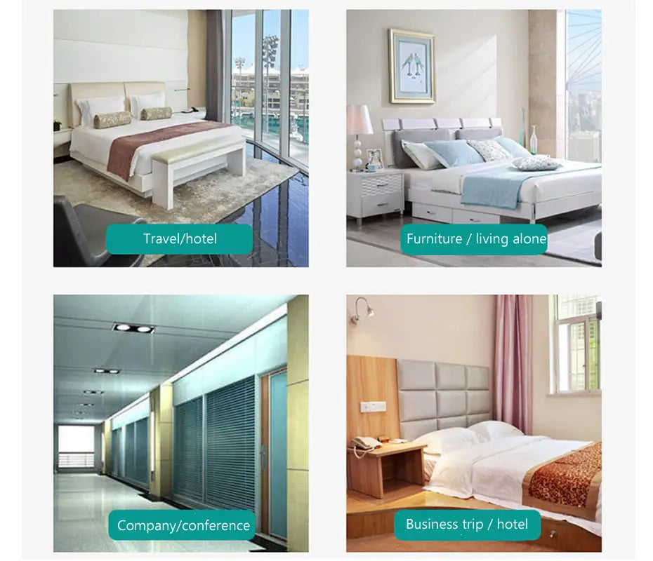 white upholstered bed with tufted headboard and matching nightstands displayed alongside a 120db electronic burglar alarm wedge door stop for enhanced security.