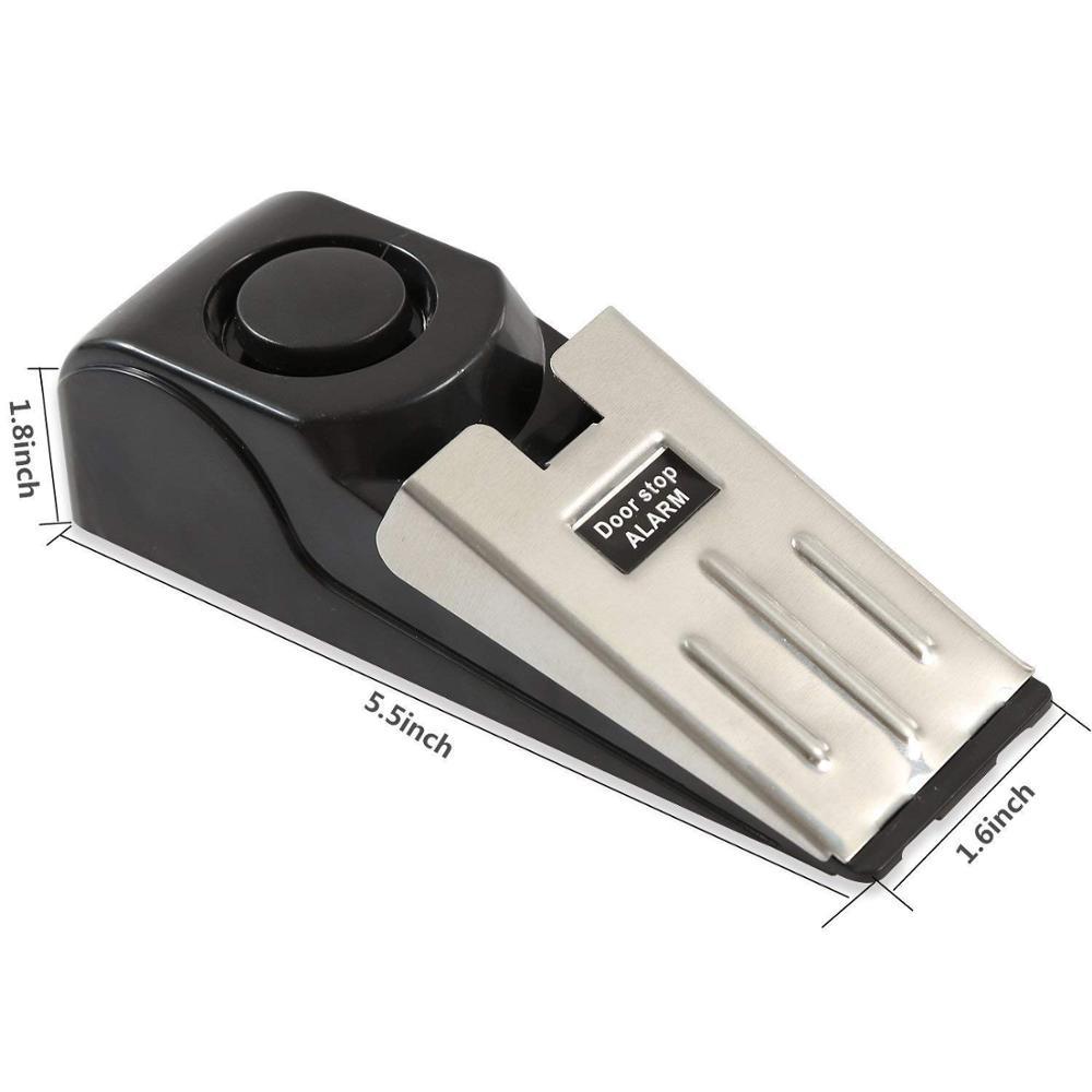 black and silver electronic burglar alarm wedge door stop with built-in 120dB alarm, featuring a sleek plastic body and metallic accents for intelligent security use