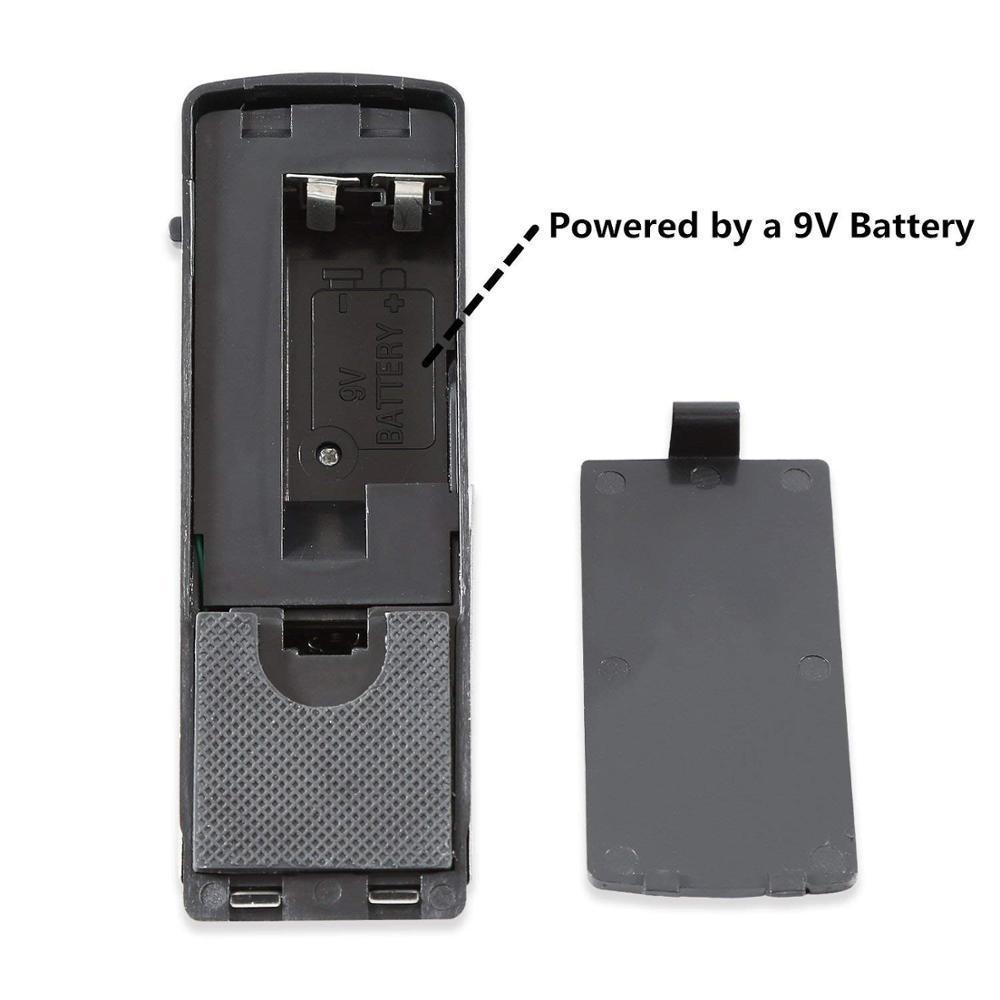 black plastic remote control with 9v battery compartment and textured grip area for 120db electronic burglar alarm wedge door stop, designed for intelligent burglar alarm use.
