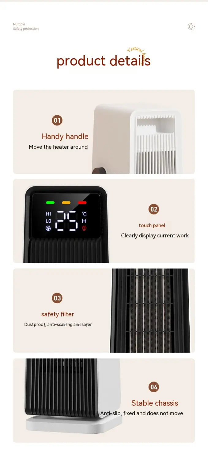 white compact portable small air conditioner warm feet tower heater with black digital display and touch panel