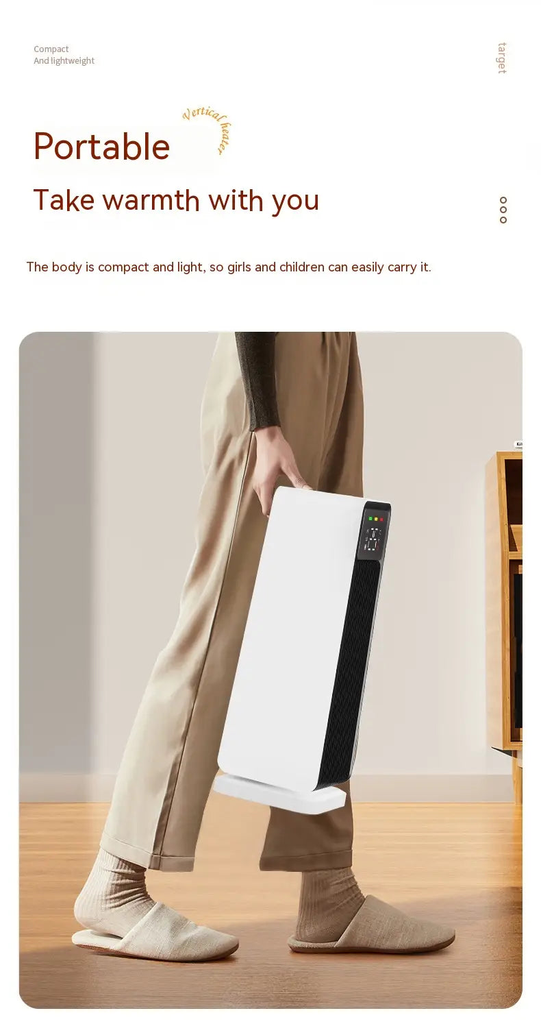 white and black portable electric tower heater with a sleek compact design designed for air conditioner warm feet use