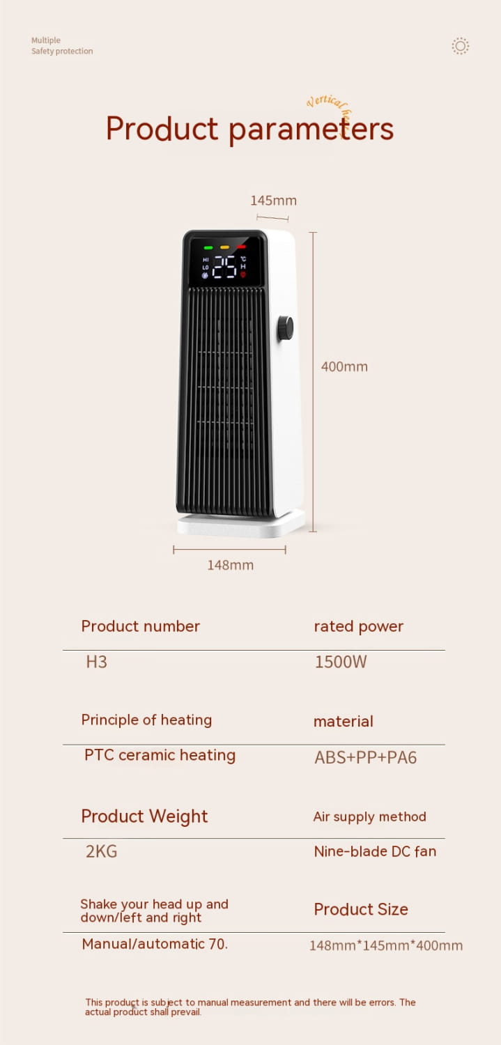 Small air conditioner warm feet tower heater in white and black ABS PP PA6 construction with tower-style design and digital display showing temperature.