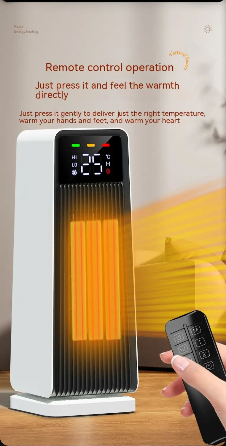 White and black remote-controlled small air conditioner warm feet tower heater with digital display showing 25°c and vertical heating elements glowing orange inside.