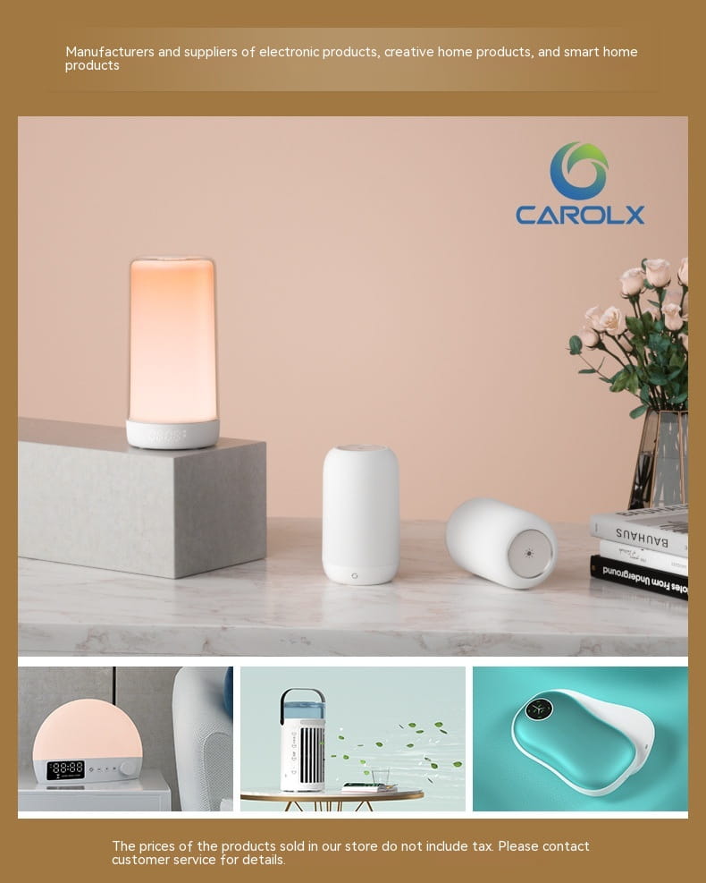 a sleek white cylindrical small air conditioner warm feet tower heater emitting a warm orange glow from its top