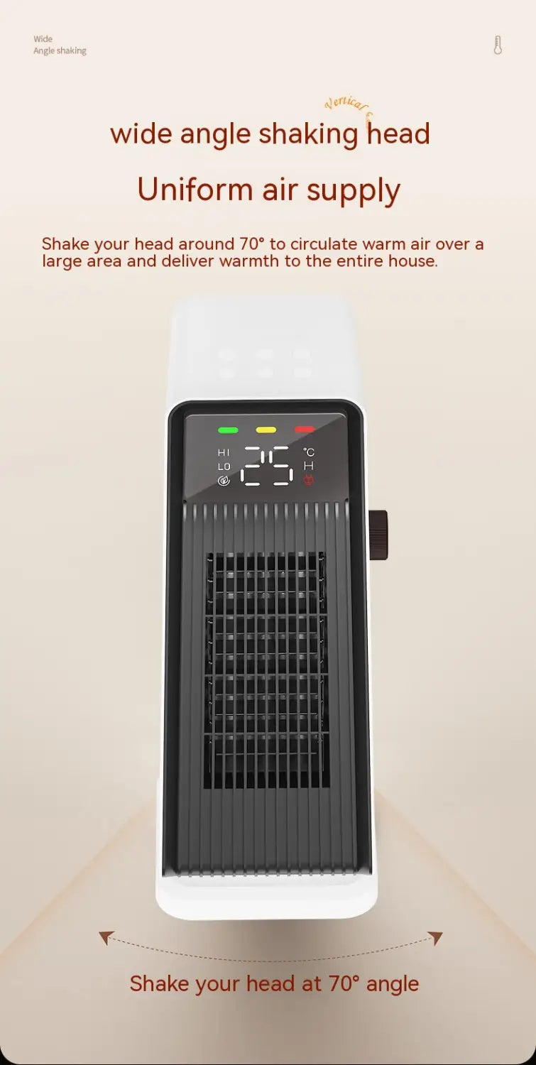 small air conditioner warm feet tower heater in white and black with a digital display showing 25 degrees celsius and a wide-angle shaking head design for uniform air circulation.