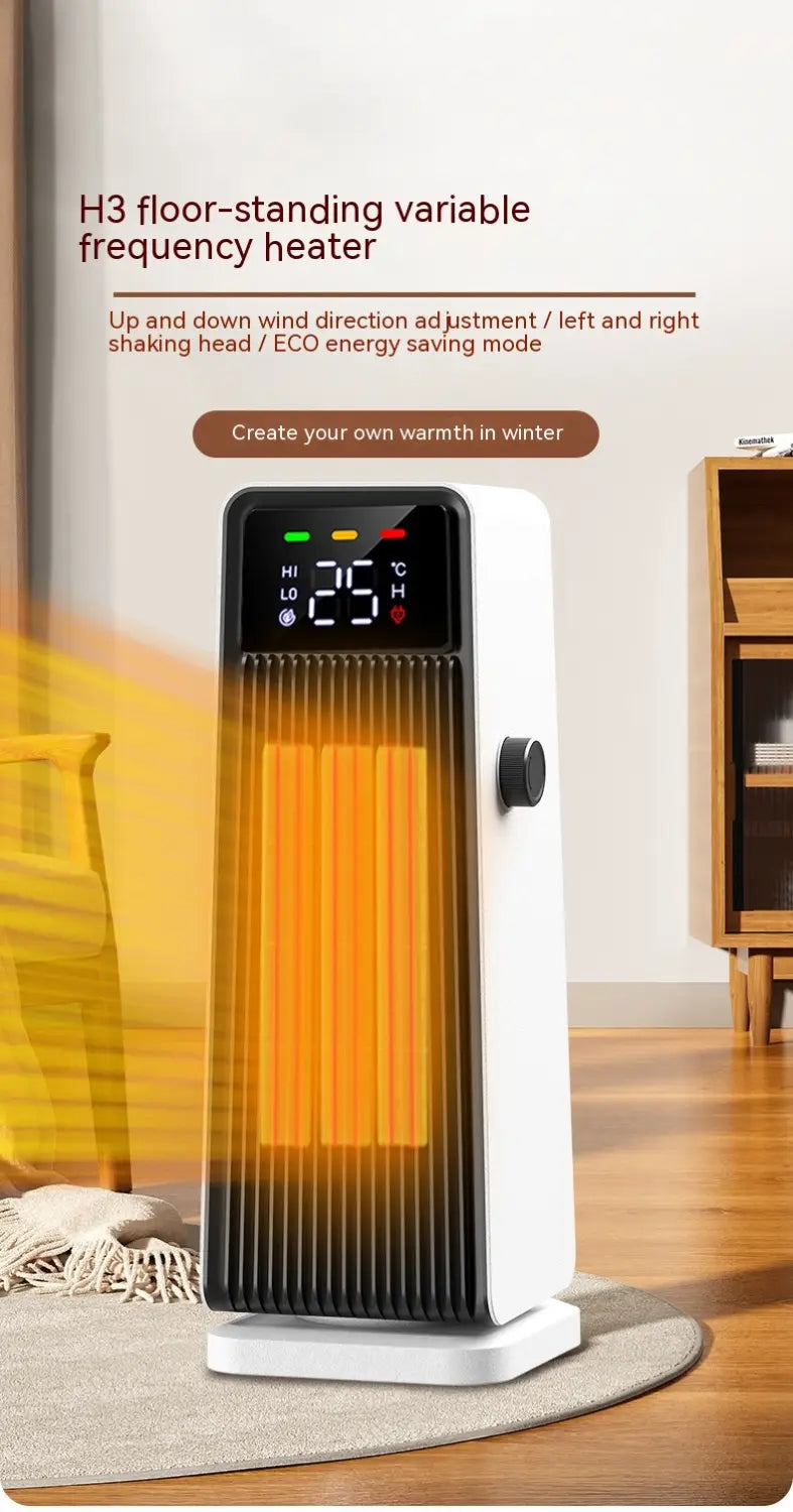 white h3 floor-standing variable frequency small air conditioner warm feet tower heater with black digital display showing 25°c and visible orange heating elements through the front grille