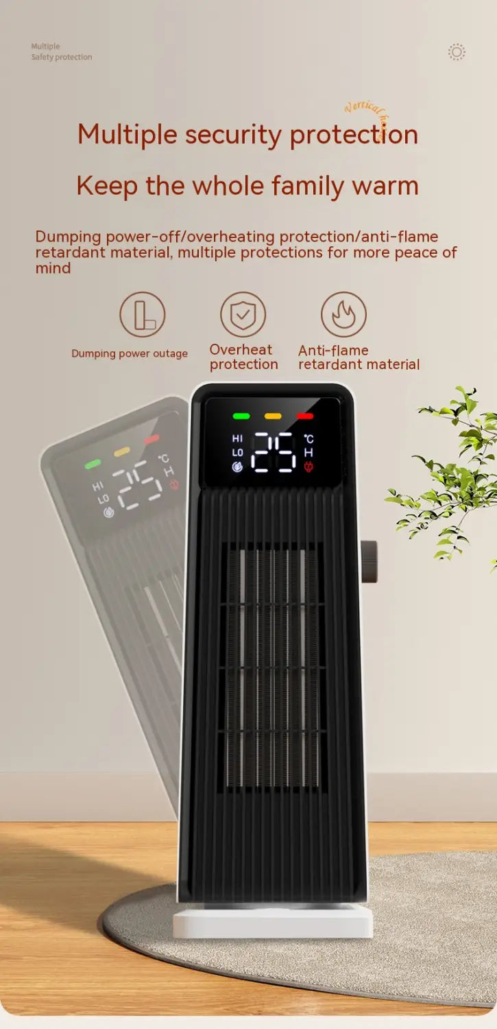 Black upright electric space heater with digital display and vertical slatted front panel designed as a small air conditioner warm feet tower heater for efficient air conditioner warm comfort.