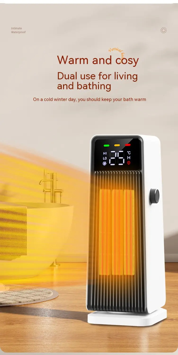 white rectangular small air conditioner warm feet tower heater with digital display showing 25 degrees celsius and glowing orange heating elements inside