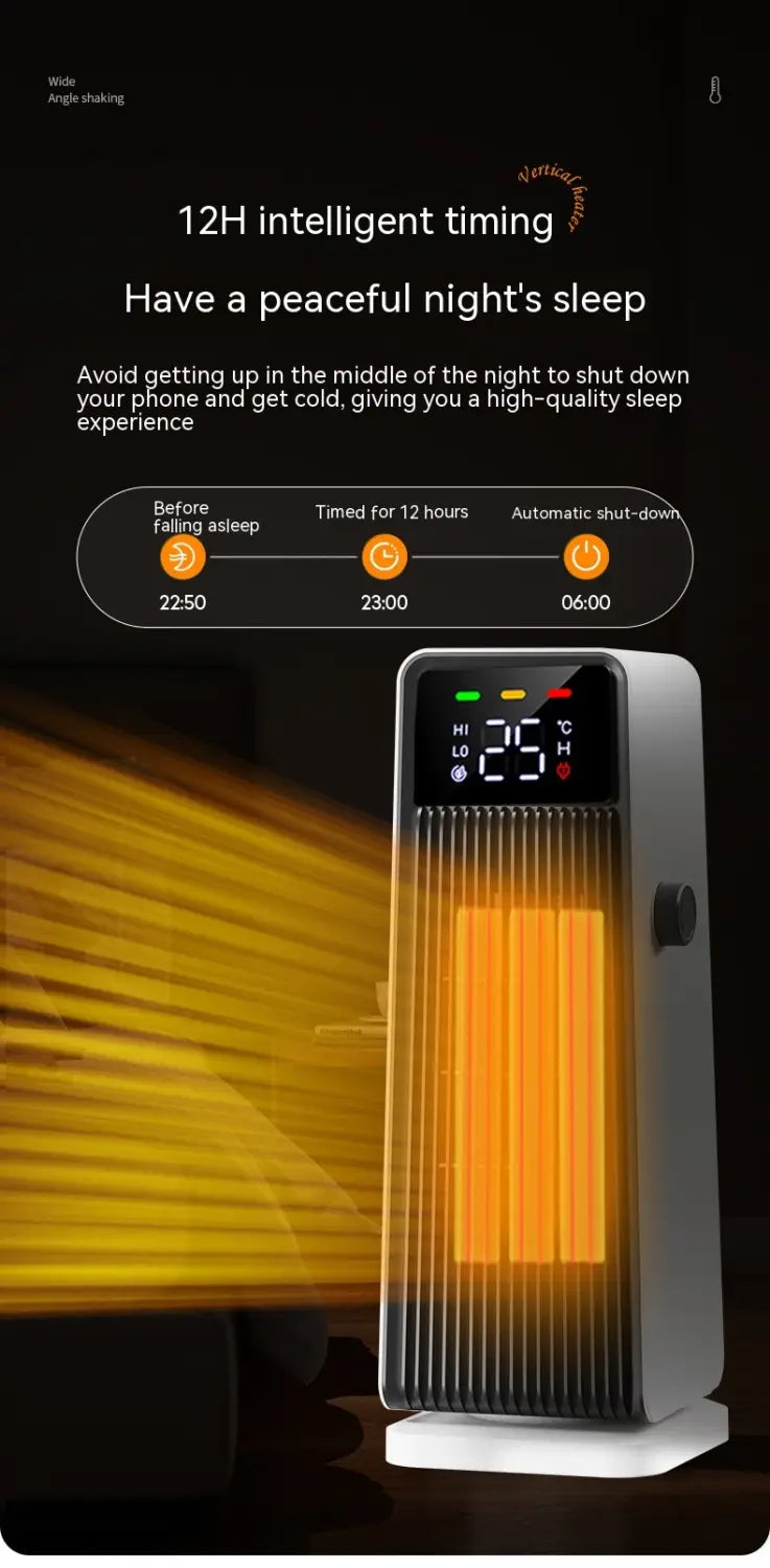 Small air conditioner warm feet tower heater in white and black with vertical electric heating elements emitting warm orange light.