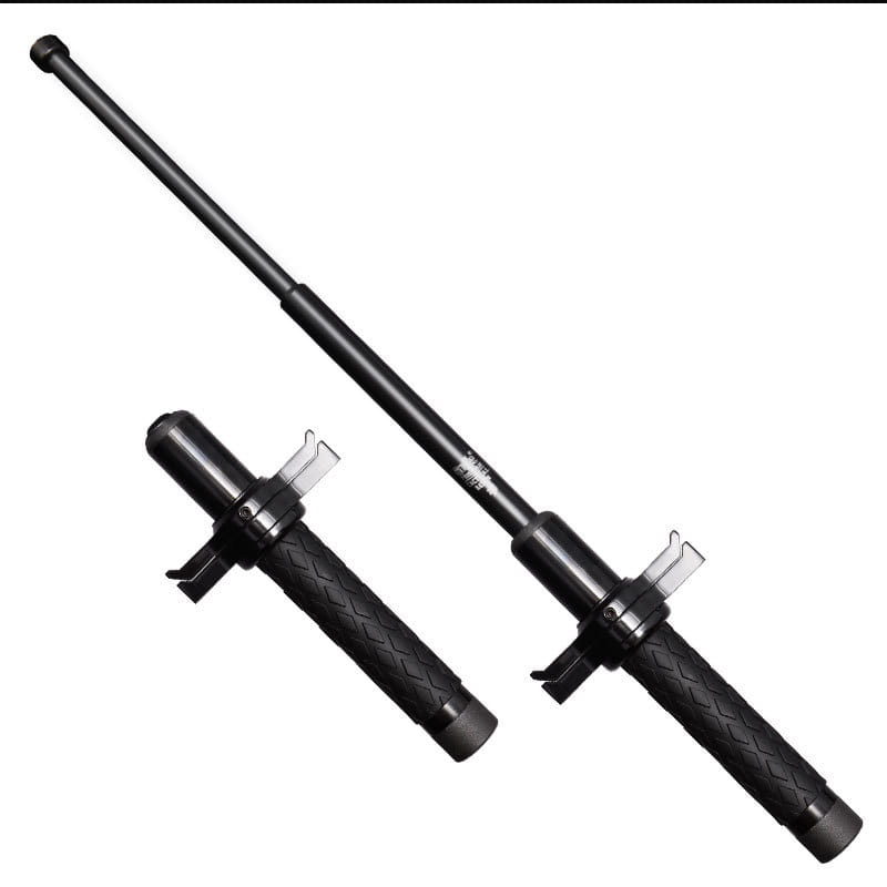 Black telescopic self-defense anti-cut stick with textured grip and metallic locking mechanism from royale essence lux designed for personal protection.