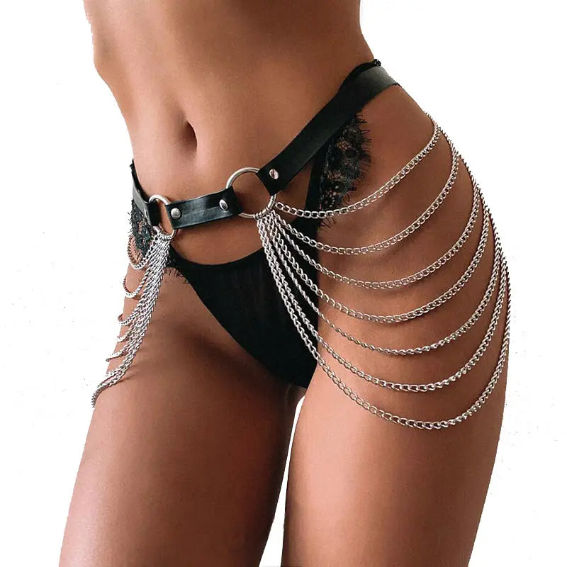 black leather harness chain tassel belt featuring silver chain tassels draping down the side