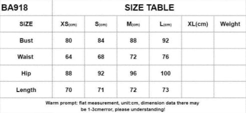 Size chart for ba918 garment displaying bust waist hip and length measurements in centimeters for a black sequined elegant shoulder stitching dress.