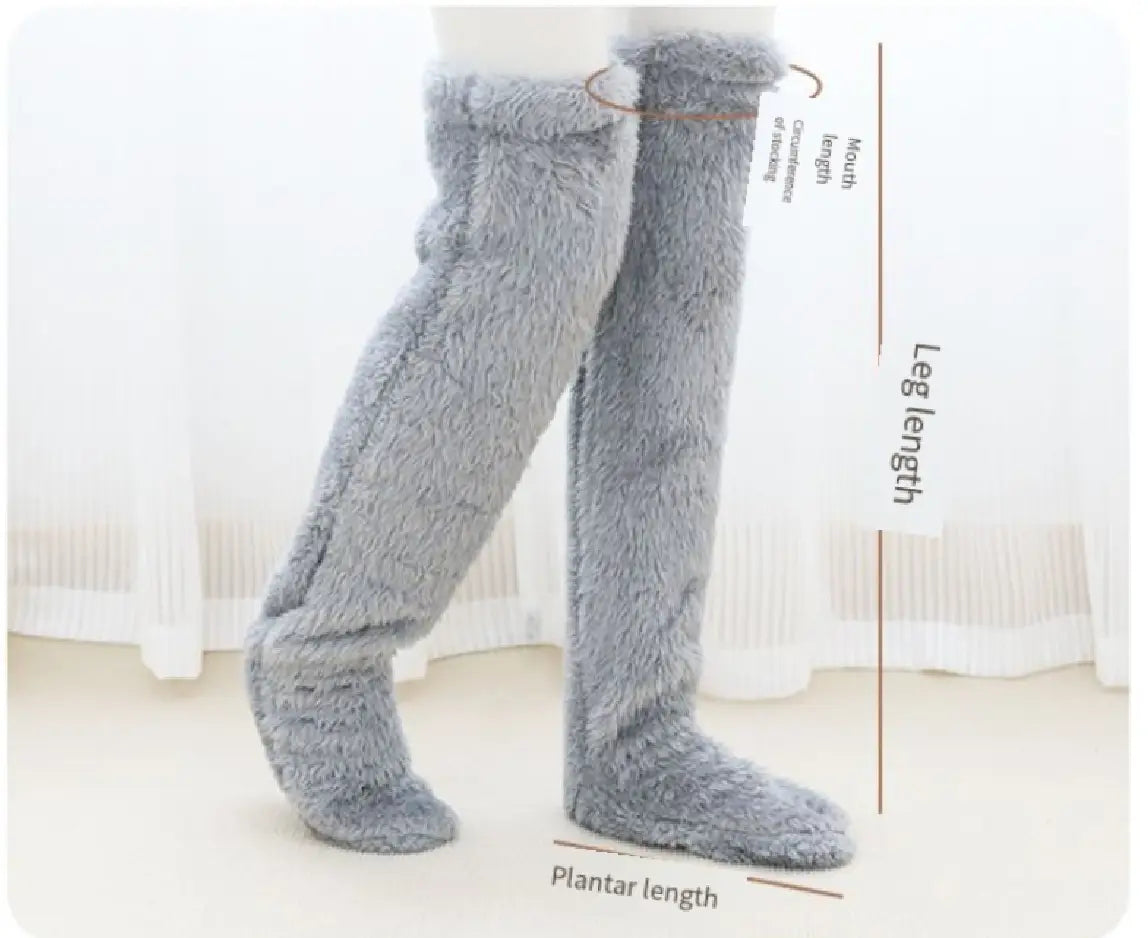 Gray plush fuzzy long socks with a soft fuzzy texture and elasticated cuffs featured in the tan paw print fuzzy long socks product.