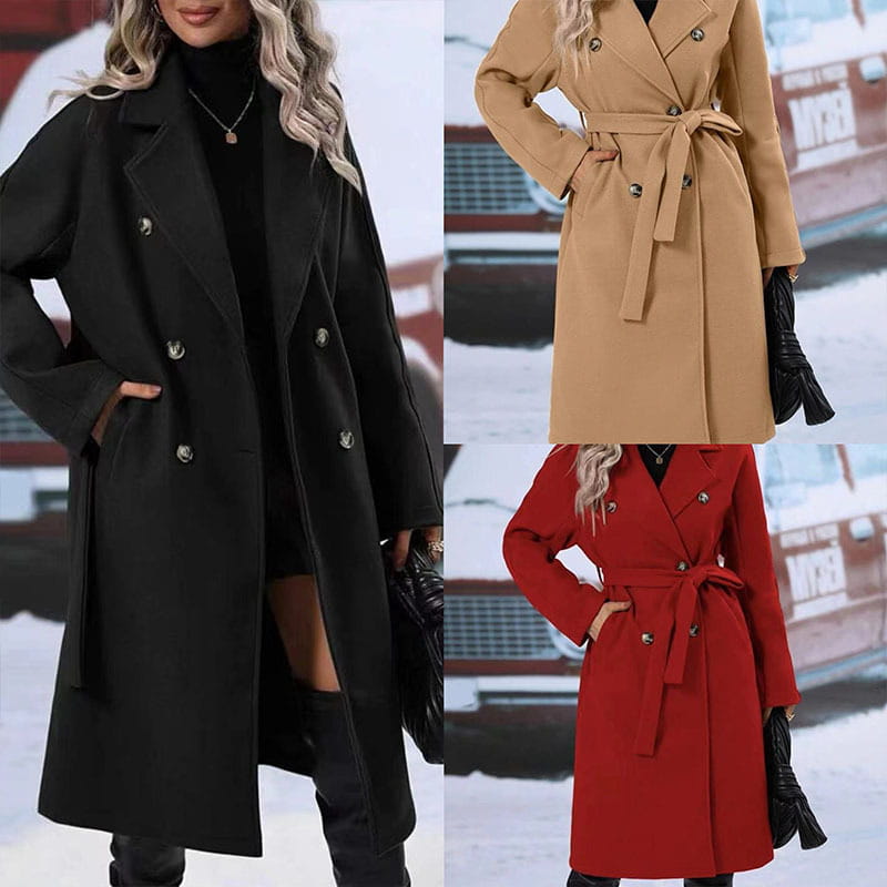 Beige, black, camel, and red double-breasted trench coats with matching belt ties showcasing belt winter fashion and fashion solid color styles.