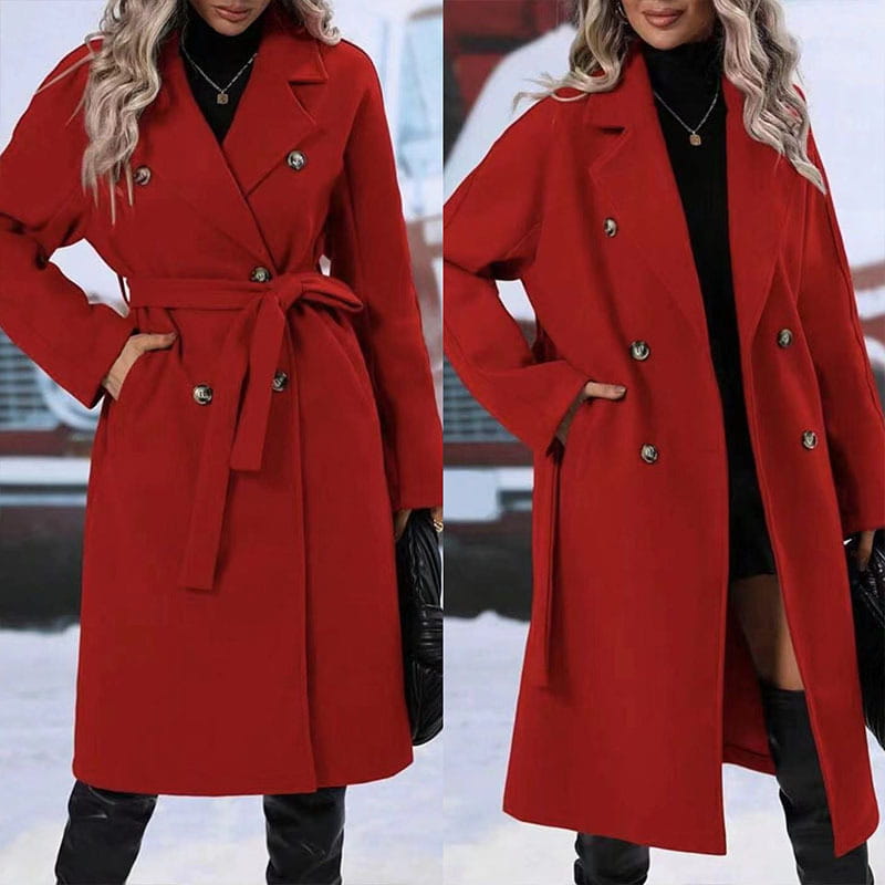 Beige double breasted trench coat with a vibrant red belt winter fashion design featuring gold toned buttons and a matching belt for winter fashion solid color style.
