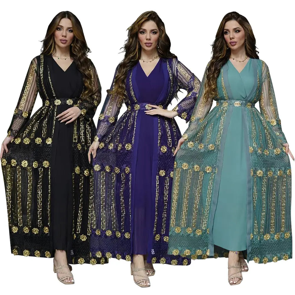 elegant vest dress kraft abayas in black purple and teal featuring gold floral embroidery and sheer mesh overlays.
