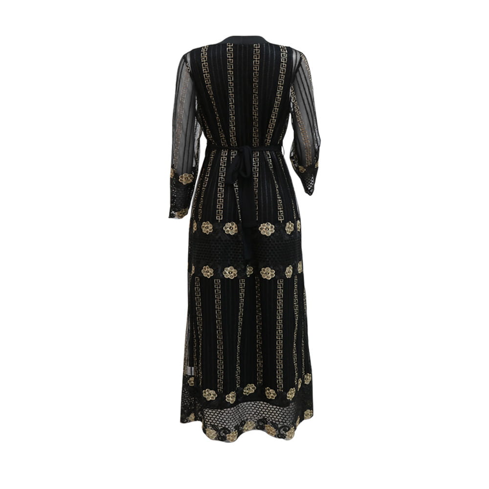 Black lace vest dress kraft with gold floral and geometric embroidery details in teal gold embroidered vest dress kraft abaya style