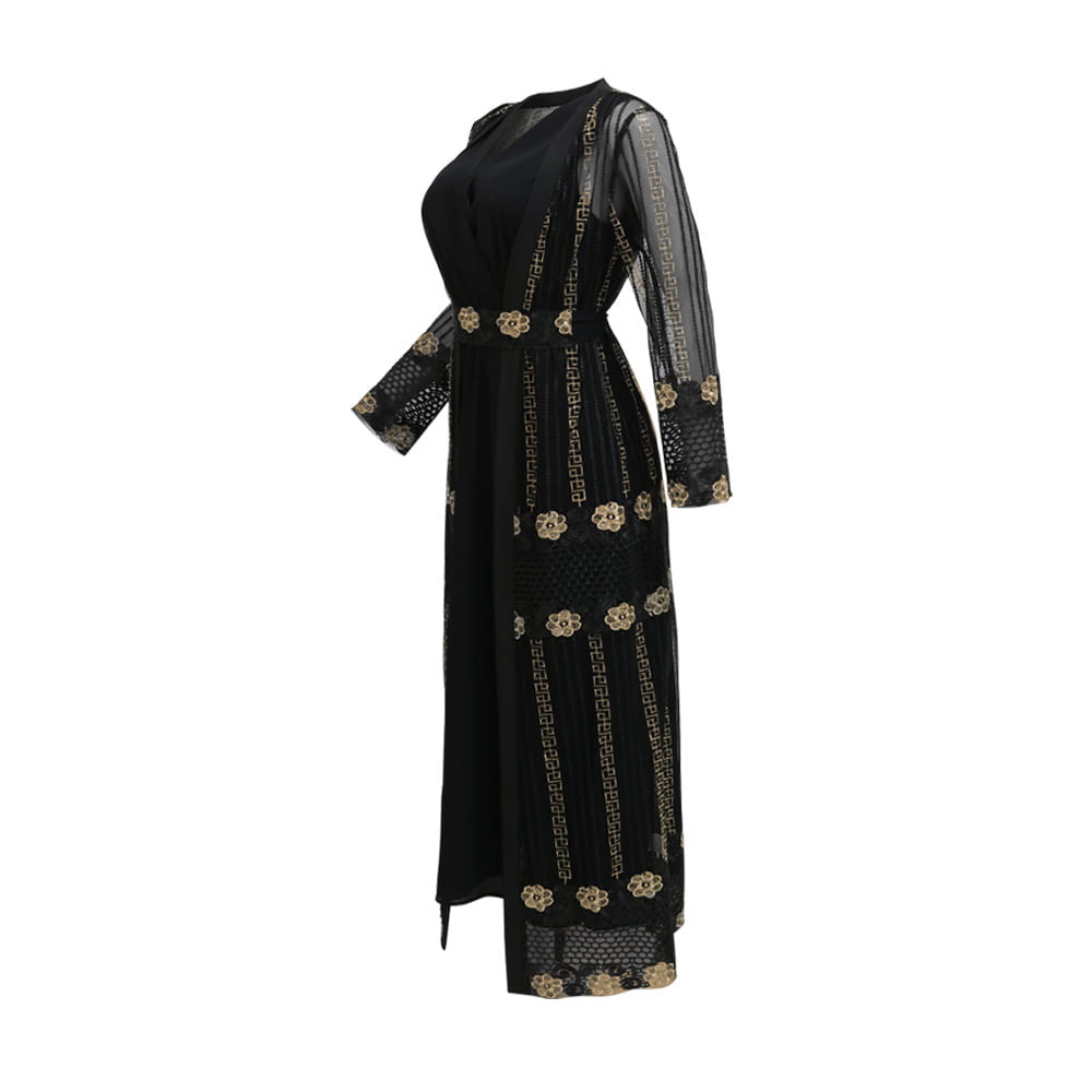 black lace vest dress kraft with gold floral embroidery and geometric patterns along the sleeves and hem in a teal gold embroidered vest dress kraft abaya