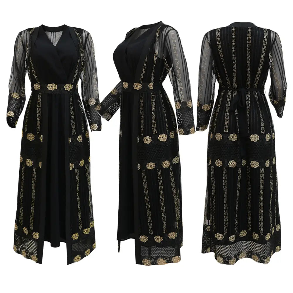 black lace overlay vest dress kraft with gold floral and geometric embroidery in teal gold embroidered vest dress kraft abaya collection