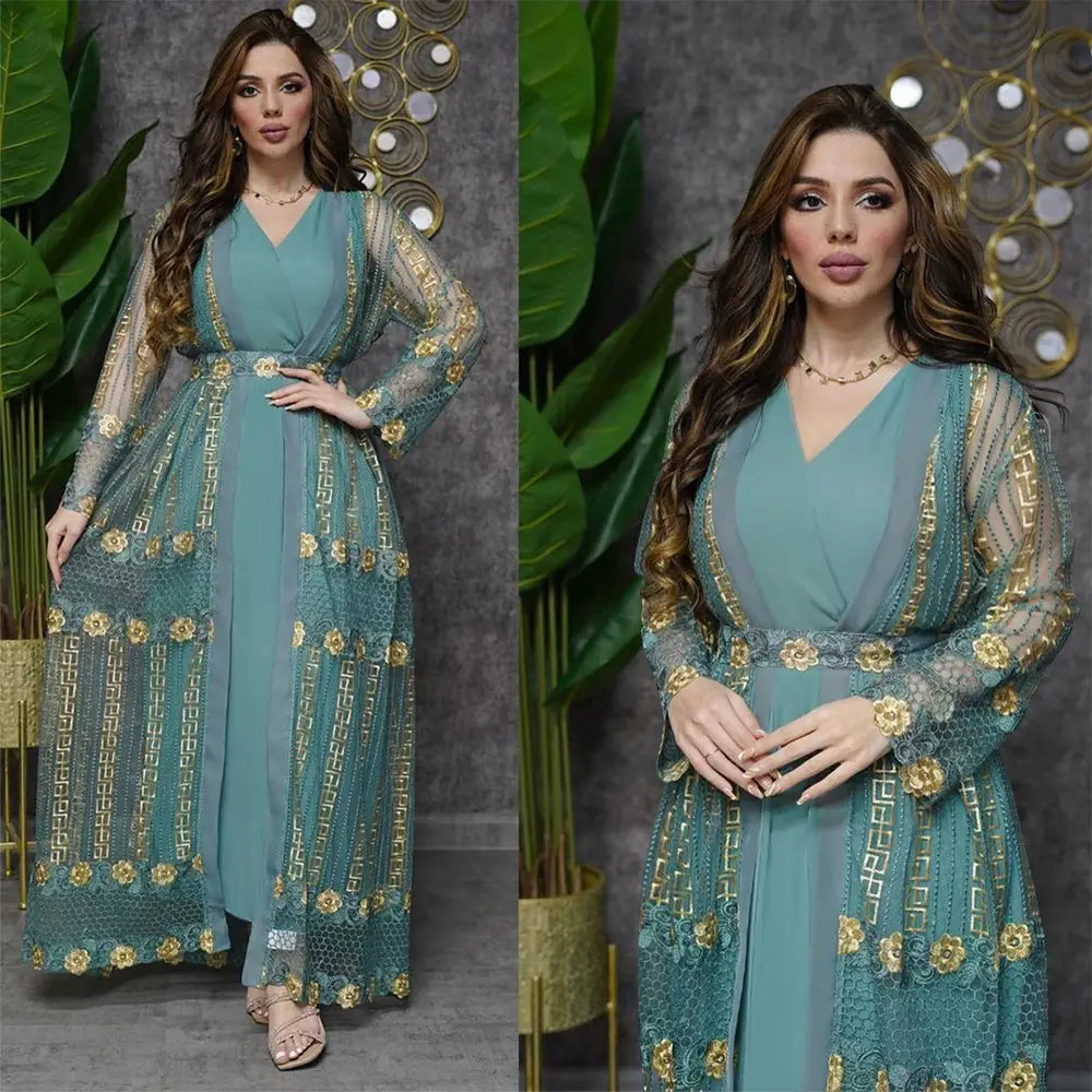 Teal gold embroidered vest dress kraft abaya with sheer overlay, v-neckline, long sleeves, and intricate floral patterns.