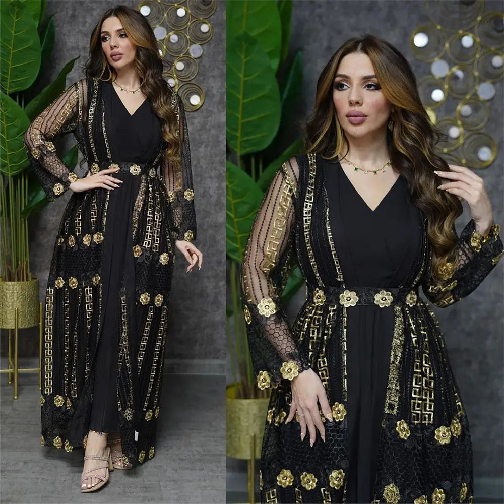 Elegant black and gold embroidered lace overlay vest dress kraft featuring floral motifs in a teal gold embroidered vest dress kraft abaya.
