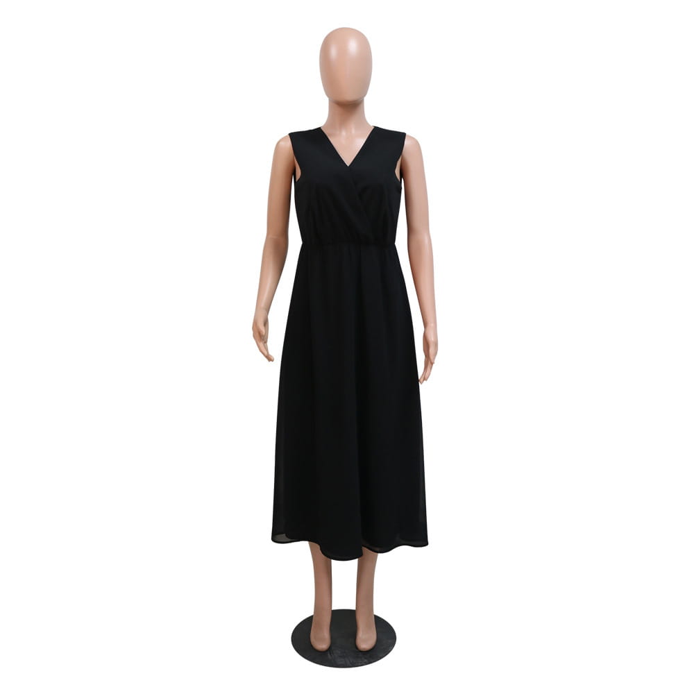 black sleeveless v-neck midi vest dress kraft with flowing lightweight fabric featuring teal gold embroidery for elegant wear