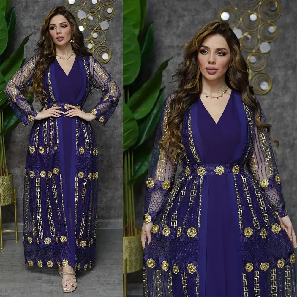 Elegant deep purple vest dress kraft featuring gold floral and geometric embroidery with a sheer lace overlay and long sleeves.