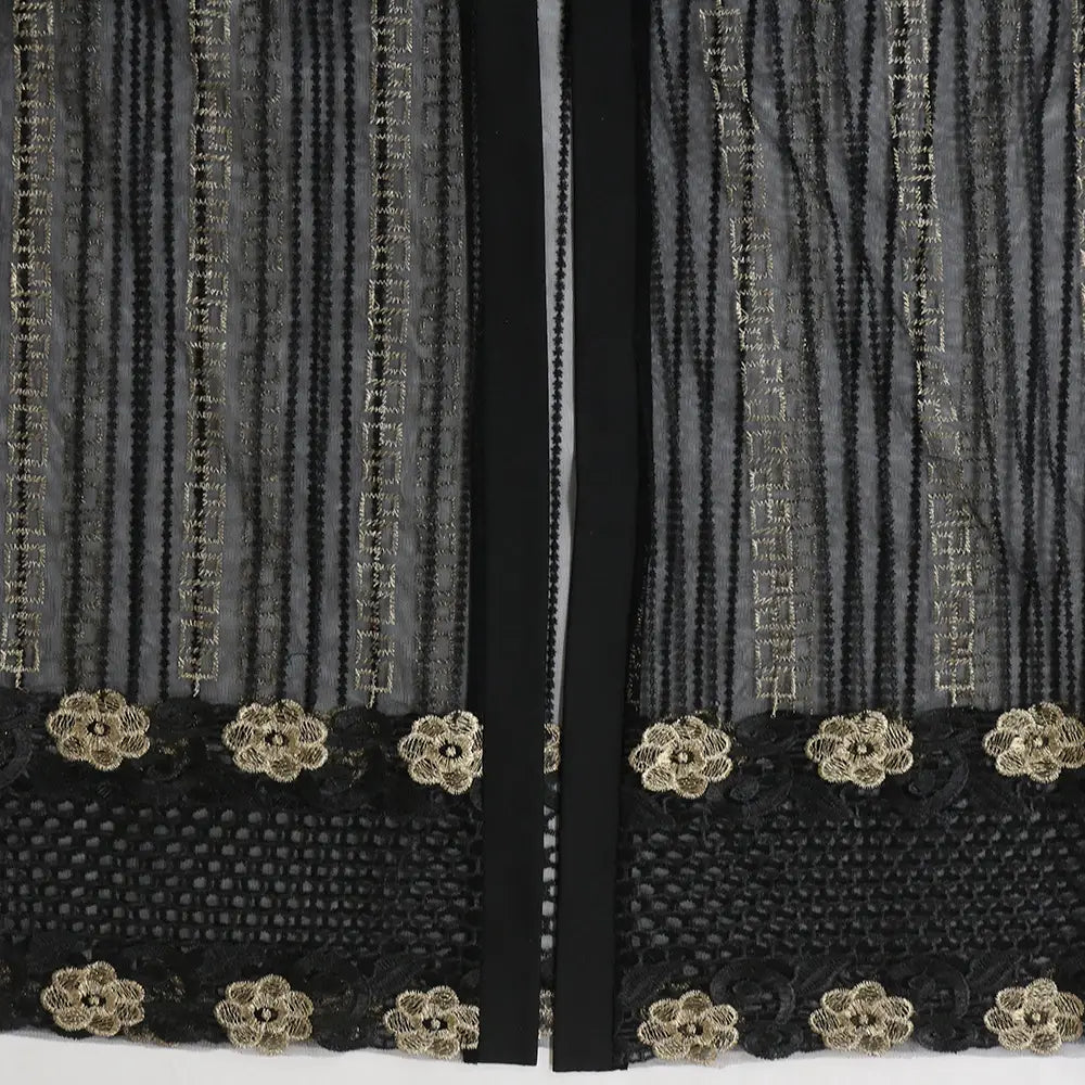 black sheer curtains with gold geometric embroidery and floral lace trim complement the teal gold embroidered vest dress kraft, highlighting the dress kraft tan aesthetic.