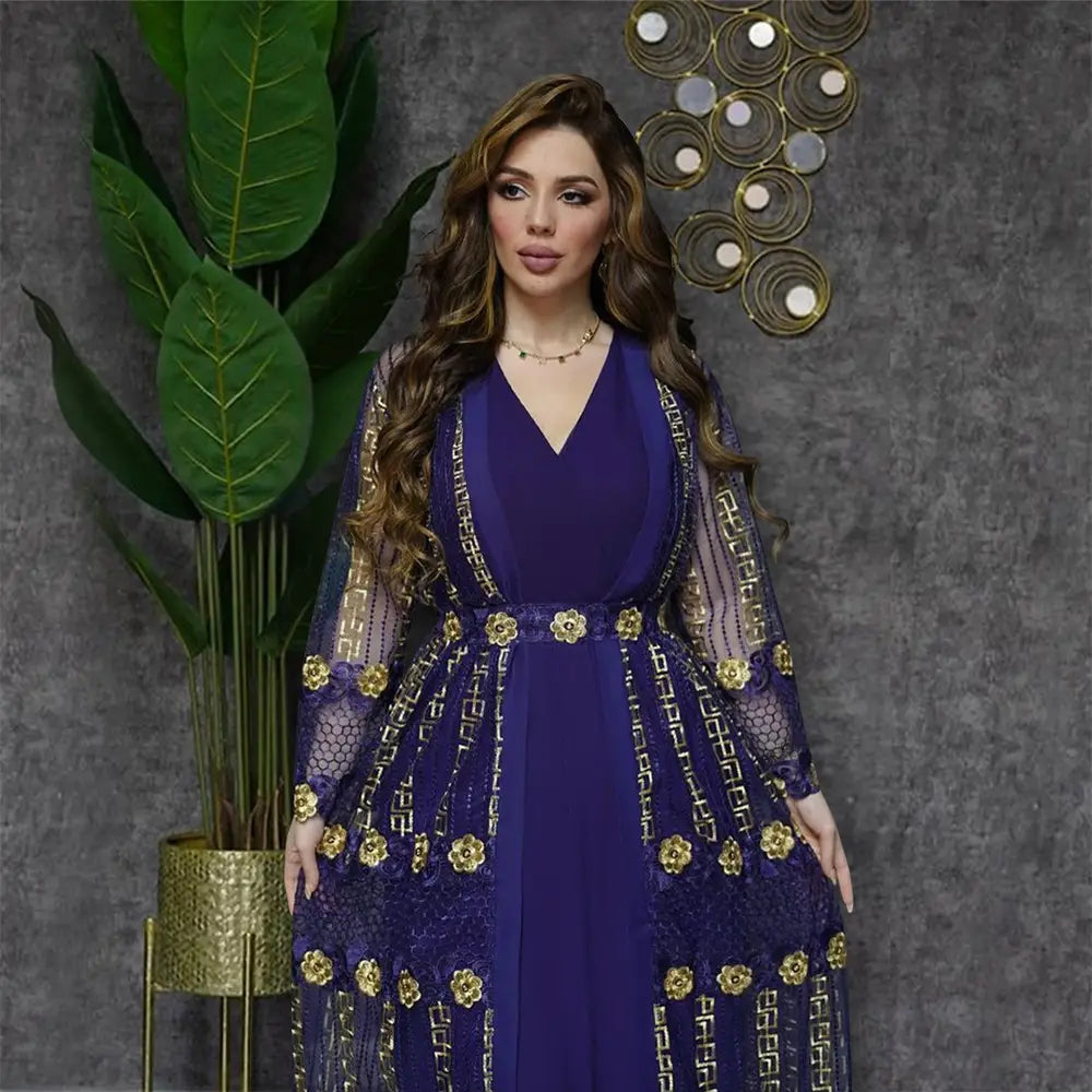 a deep purple vest dress kraft featuring gold floral and geometric embroidery with sheer long sleeves and a fitted waist accentuated by gold embellishments in a dress kraft tan style