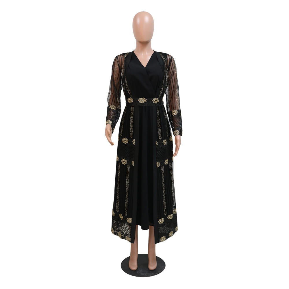 black vest dress kraft with gold geometric and floral embroidery, sheer long sleeves, and a v-neckline in kraft tan dress style