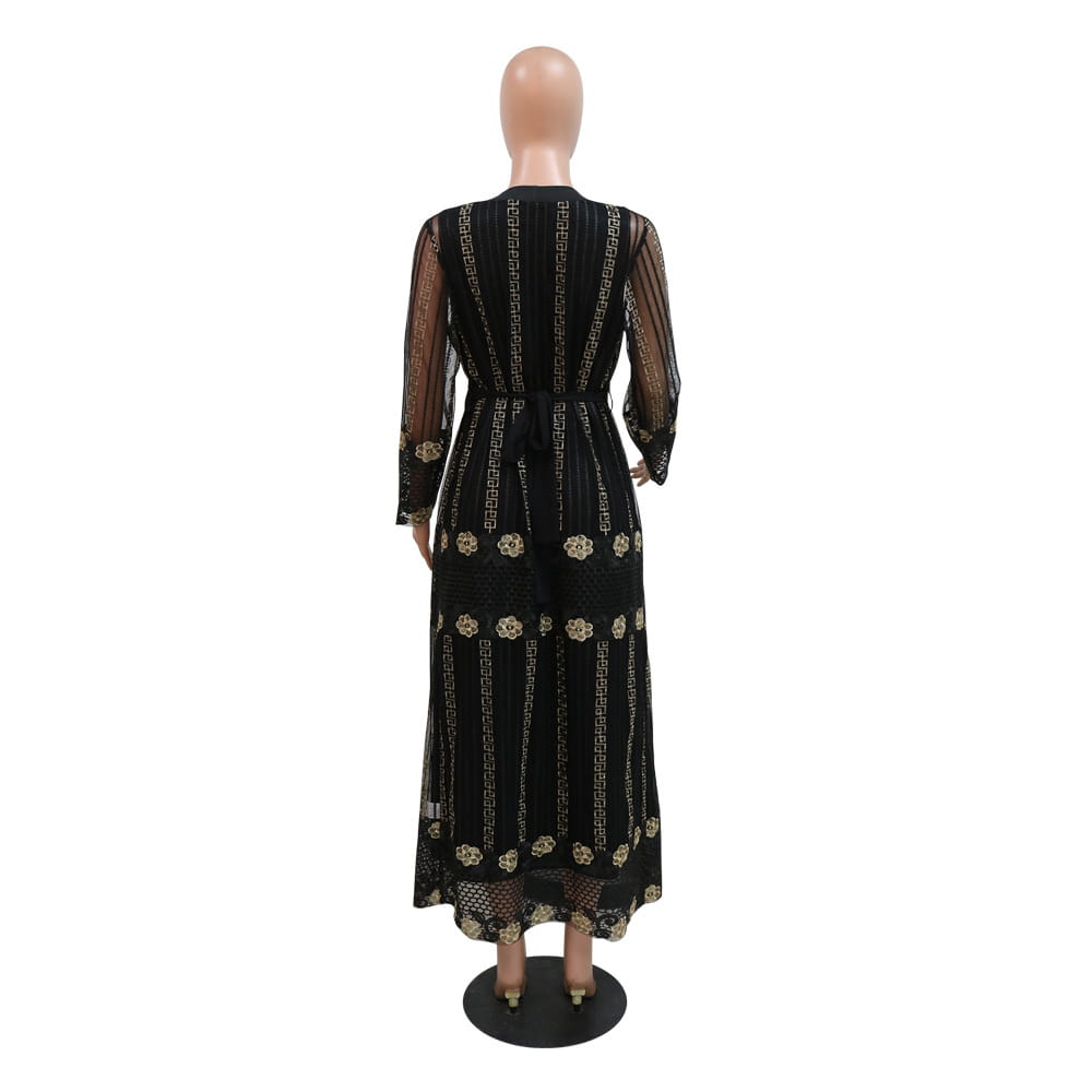 black maxi vest dress kraft with gold geometric and floral embroidery sheer long sleeves and fitted waist