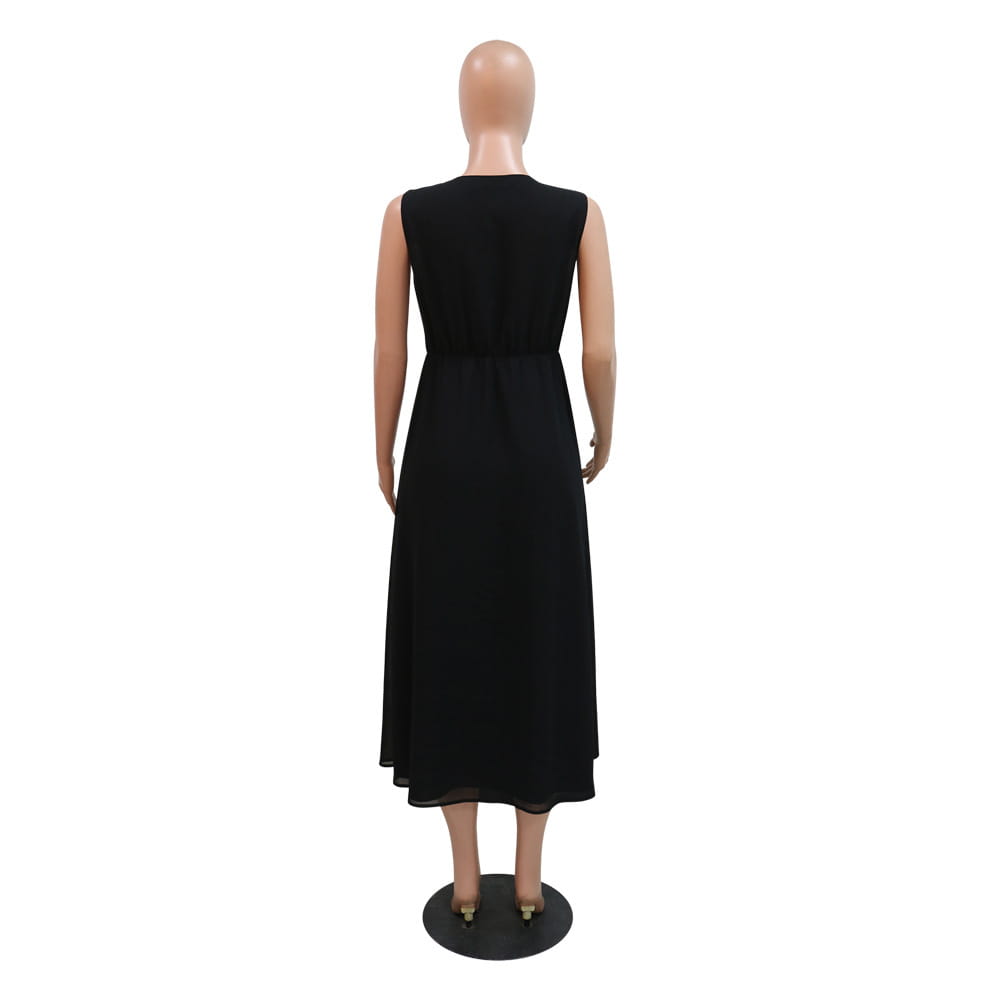 black sleeveless midi vest dress kraft with a fitted bodice and flowing skirt in kraft tan dress style featuring teal gold embroidery