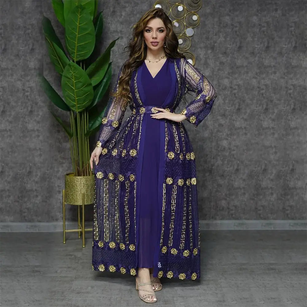 a deep purple floor-length vest dress kraft with gold floral and geometric embroidery featuring sheer long sleeves and a v-neckline