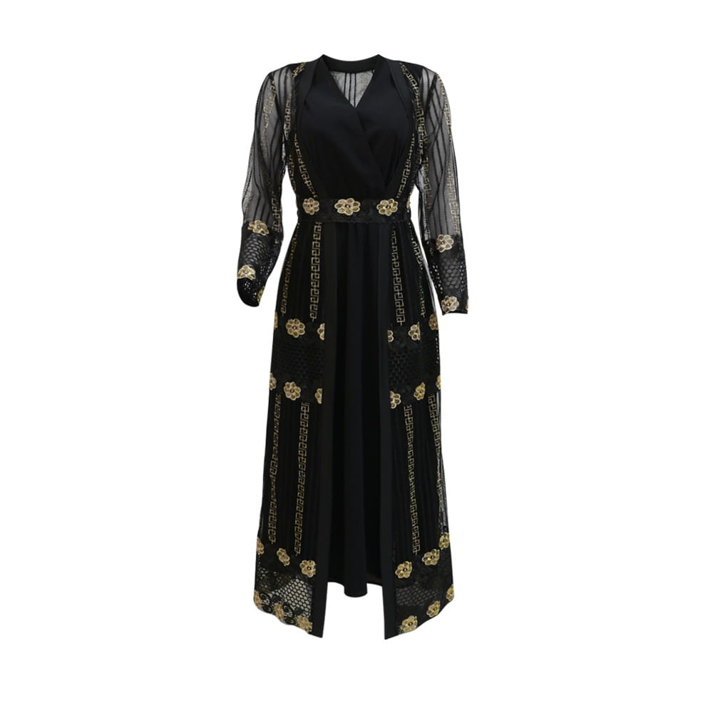 black vest dress kraft with sheer gold-embroidered sleeves and a v-neckline featuring intricate golden floral patterns along the sides