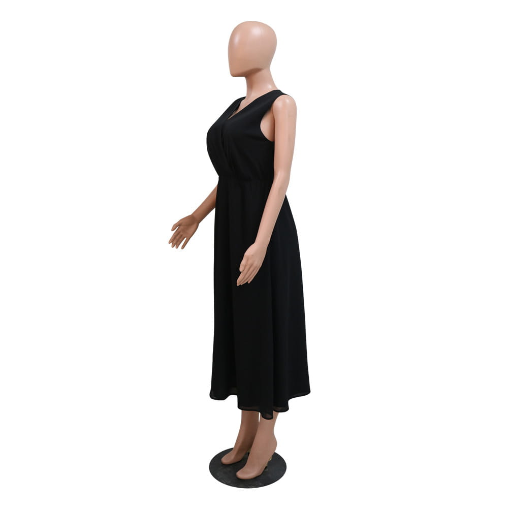 black sleeveless midi vest dress kraft with a v-neckline and flowing fabric suitable for elegant occasions