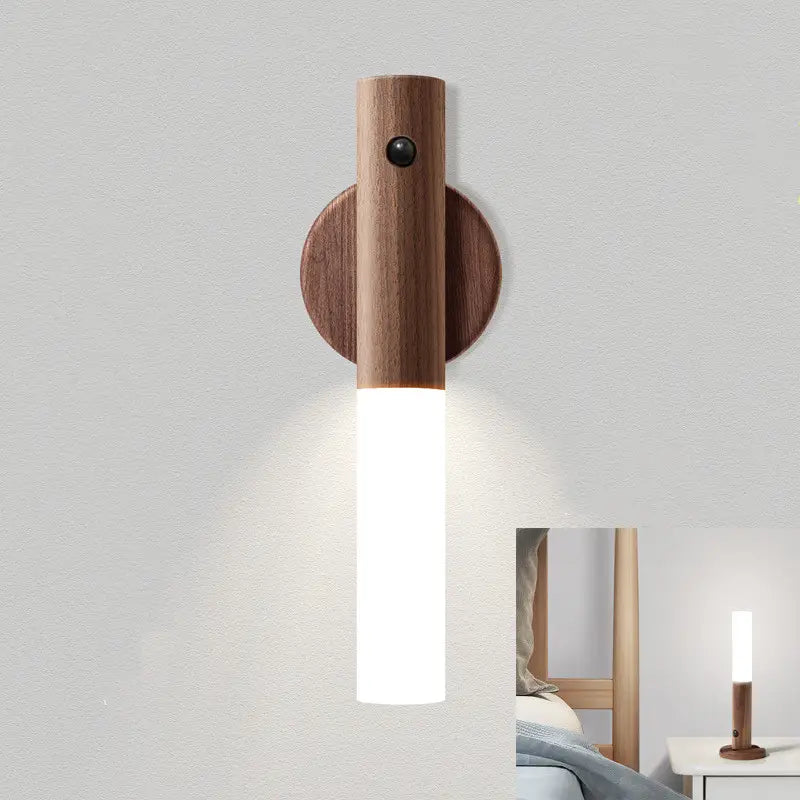 Modern wooden led desk lamp sconce with a cylindrical frosted glass light fixture and sensor for energy-efficient lighting.
