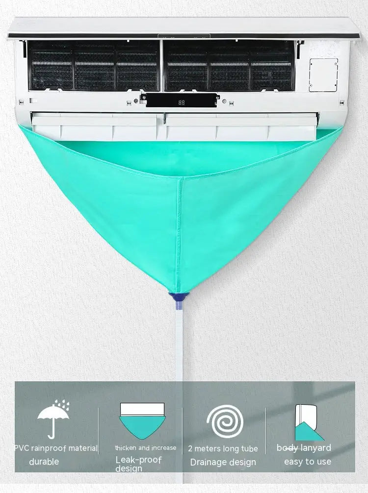Teal pvc air conditioner waterproof drip catcher with a 2 meter tube and body lanyard included in the cleaning tools suit conditioner waterproof cover.