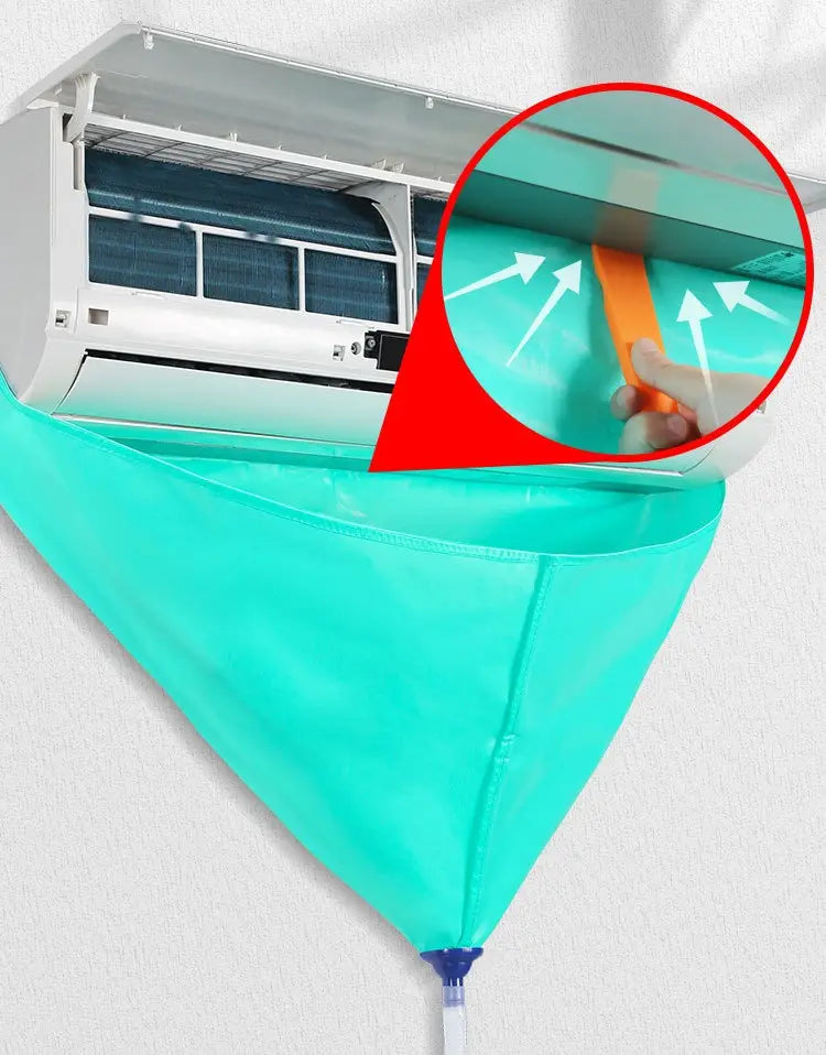 Teal-colored fabric air conditioner waterproof cover with a blue drainage tube and orange tool for easy removal in an air conditioner waterproof cleaning tools suit.